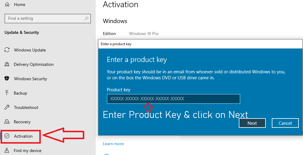Enter Windows 10 Pro Retail product Key